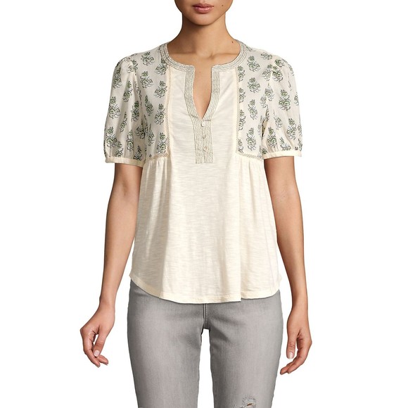 Lucky Brand NWT Mixed Media Embroidered Short Sleeve V Neck Boho Top Nat XS New - Picture 10 of 10